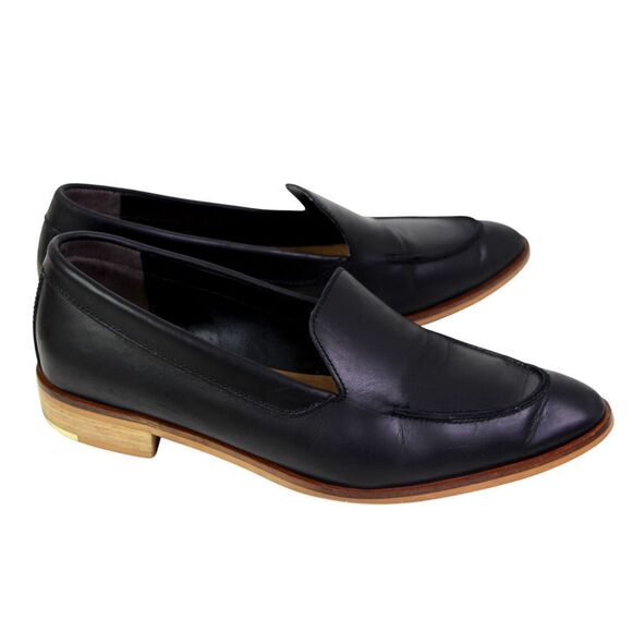 Everlane BLACK GENUINE LEATHER LOW HEEL ALMOND TOE SLIP ON LOAFER SHOES Size 8.5 - Picture 3 of 11